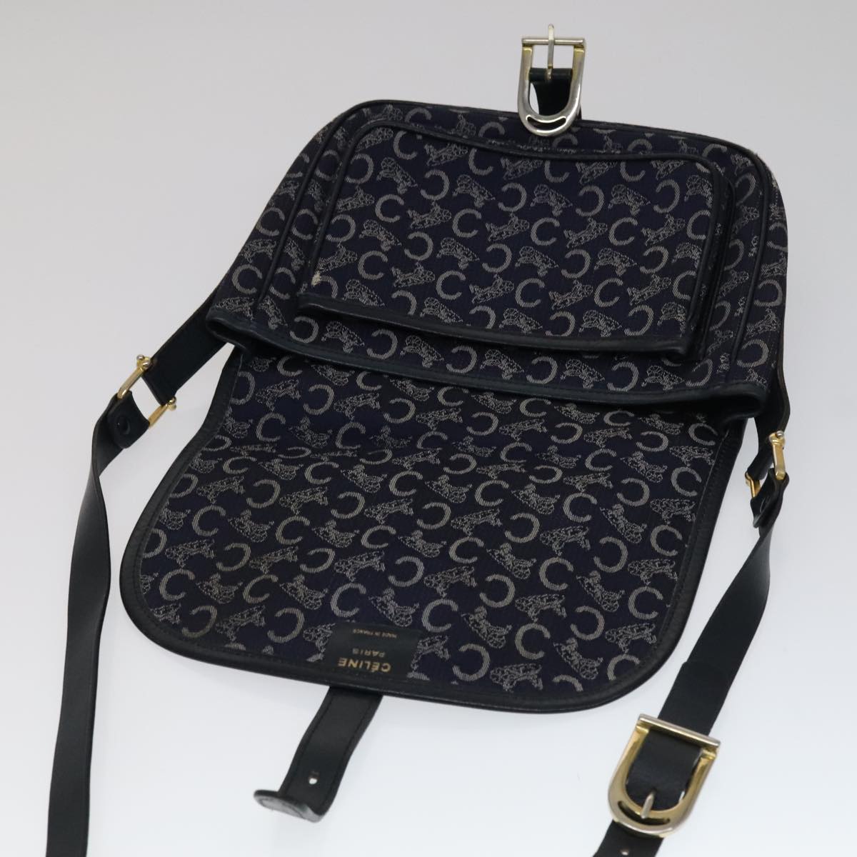 CELINE C Sulky Shoulder Bag Canvas Navy Gold Auth 111109