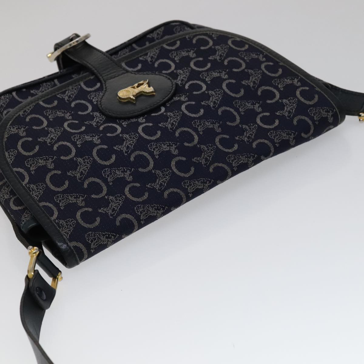 CELINE C Sulky Shoulder Bag Canvas Navy Gold Auth 111109