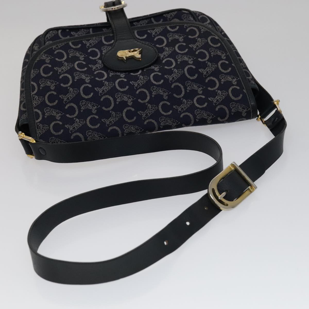 CELINE C Sulky Shoulder Bag Canvas Navy Gold Auth 111109