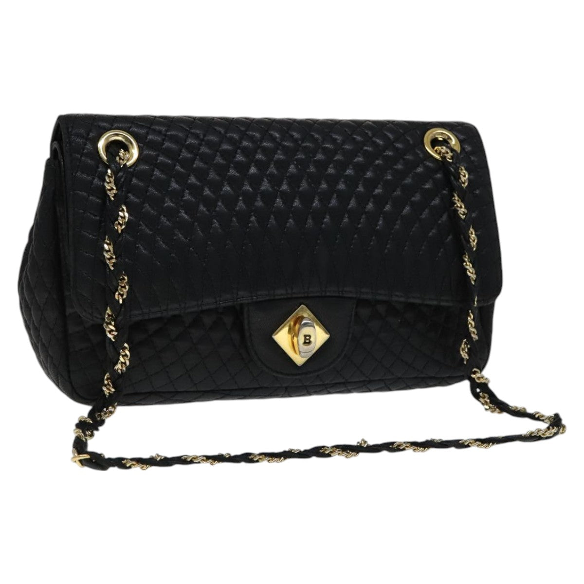 BALLY Quilted Chain Shoulder Bag Leather Black Gold Auth 111116