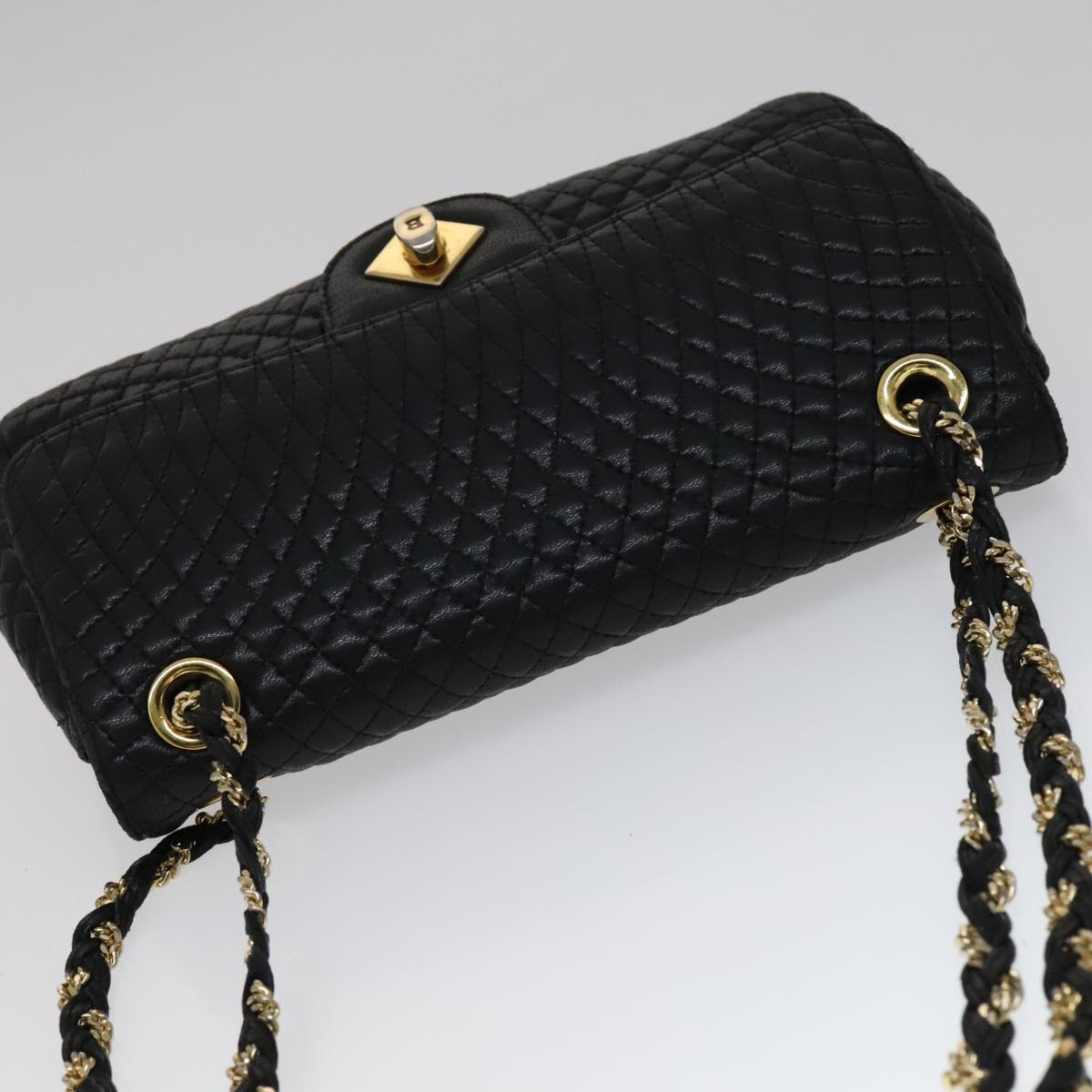 BALLY Quilted Chain Shoulder Bag Leather Black Gold Auth 111116
