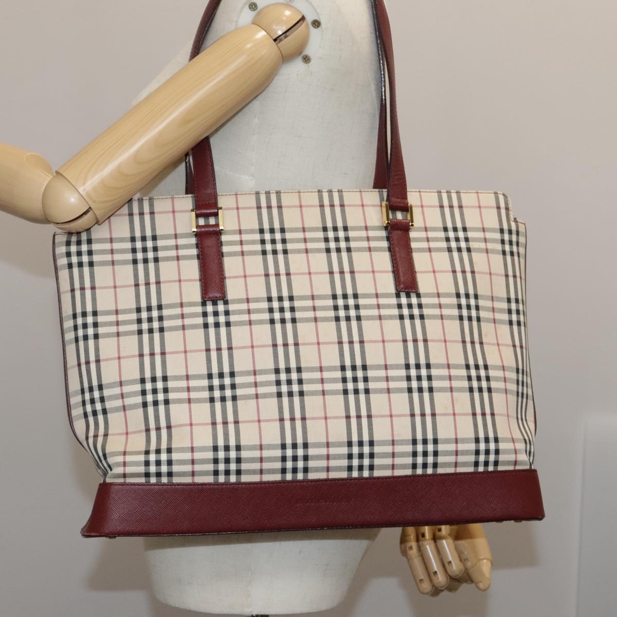 BURBERRY Nova Check Tote Bag Canvas Leather Beige Red gold Auth 111118