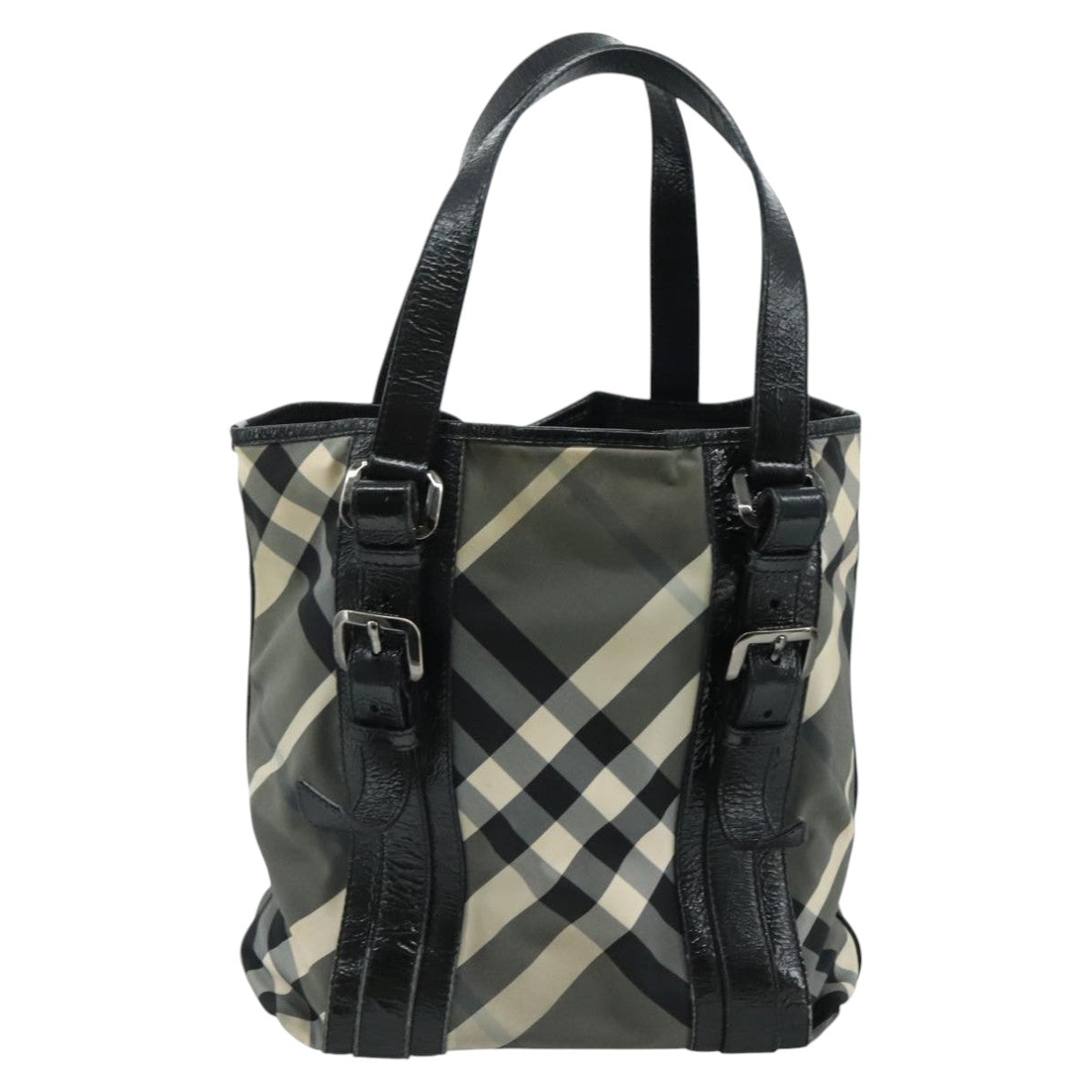 BURBERRY Nova Check Tote Bag PVC Enamel Gray Black Auth 111120