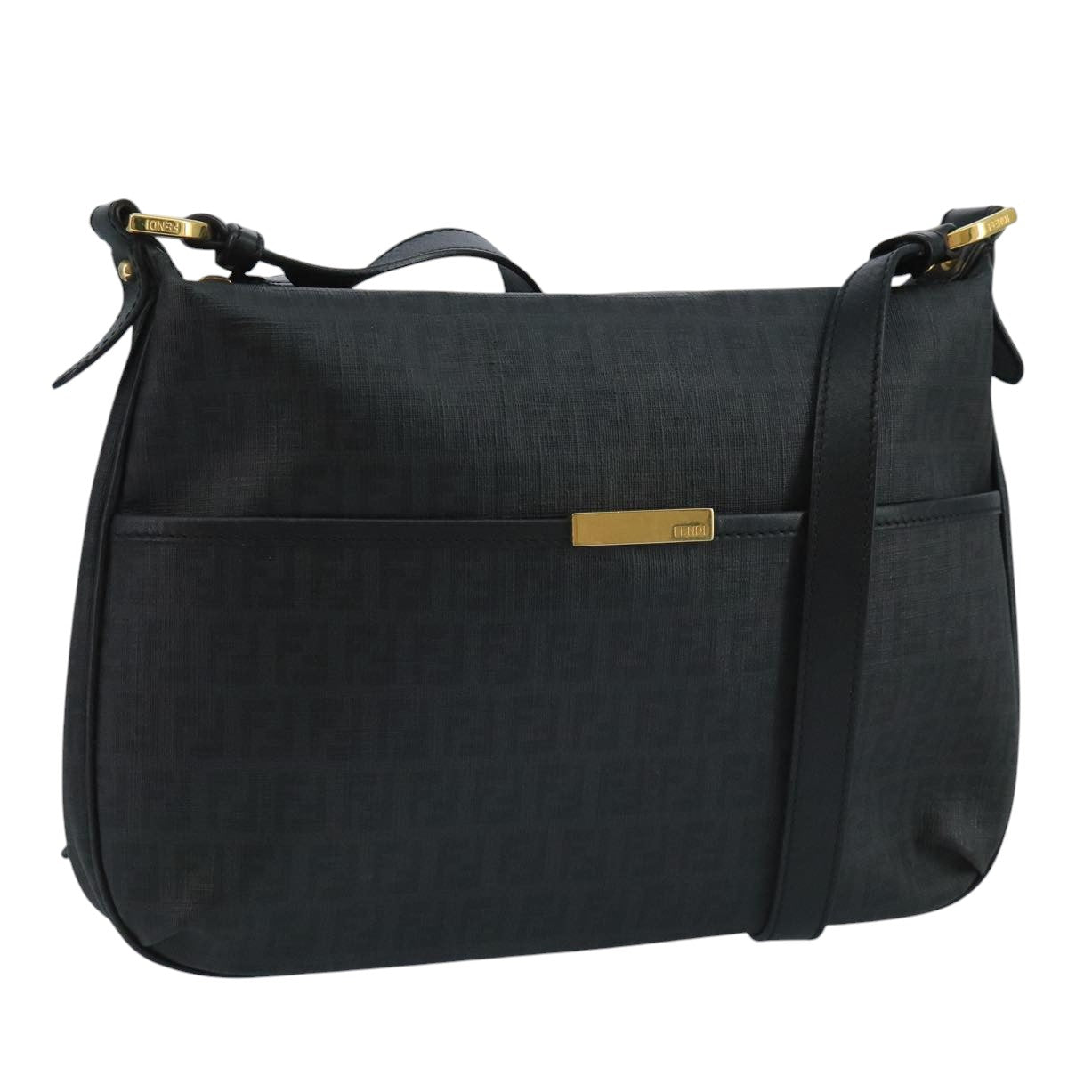 FENDI Zucchino Canvas Shoulder Bag Gold Black Auth 111182