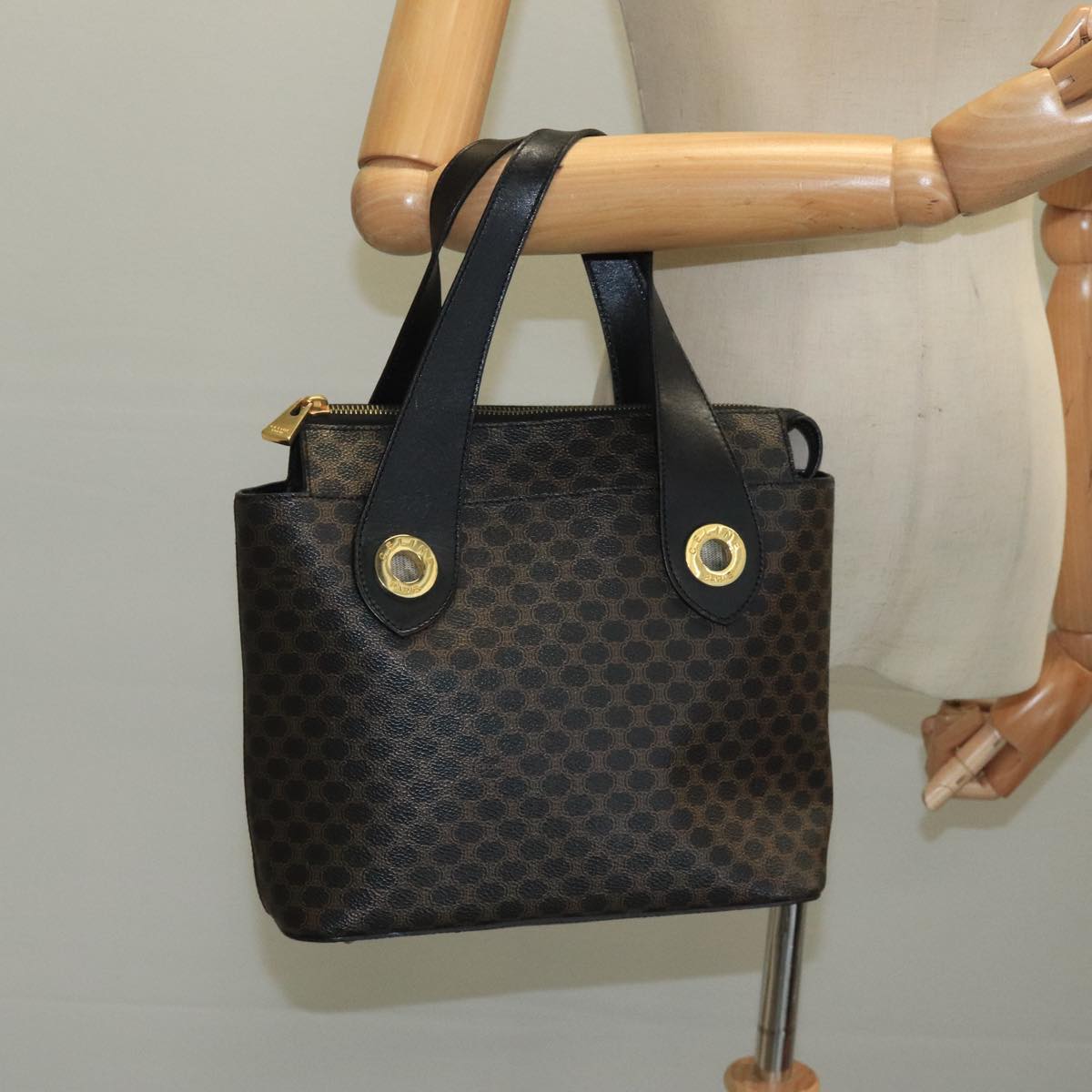 CELINE Macadam Canvas Hand Bag PVC Black Auth 111195