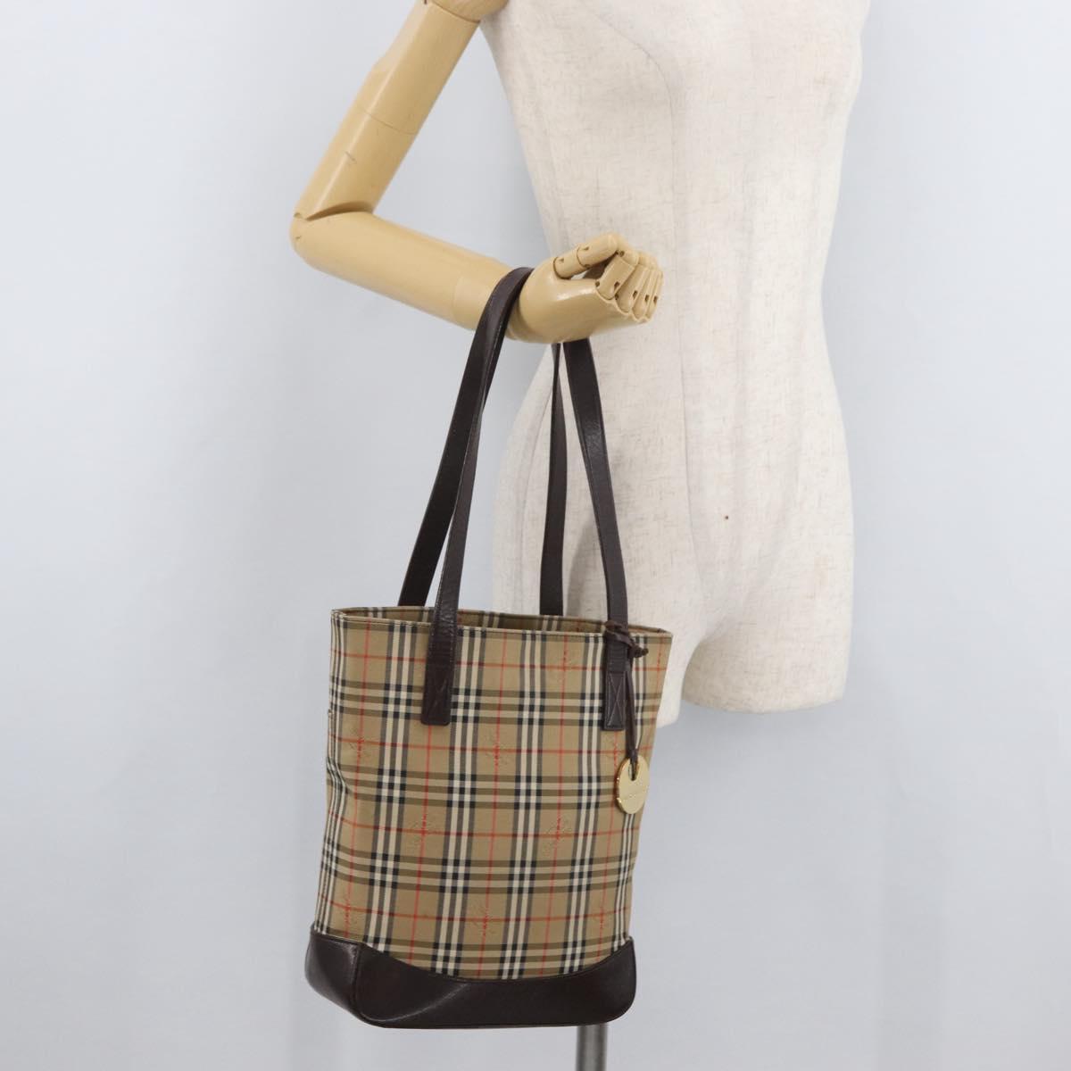 BURBERRY Nova Check Tote Bag Canvas Leather Beige Dark Brown gold Auth 111205