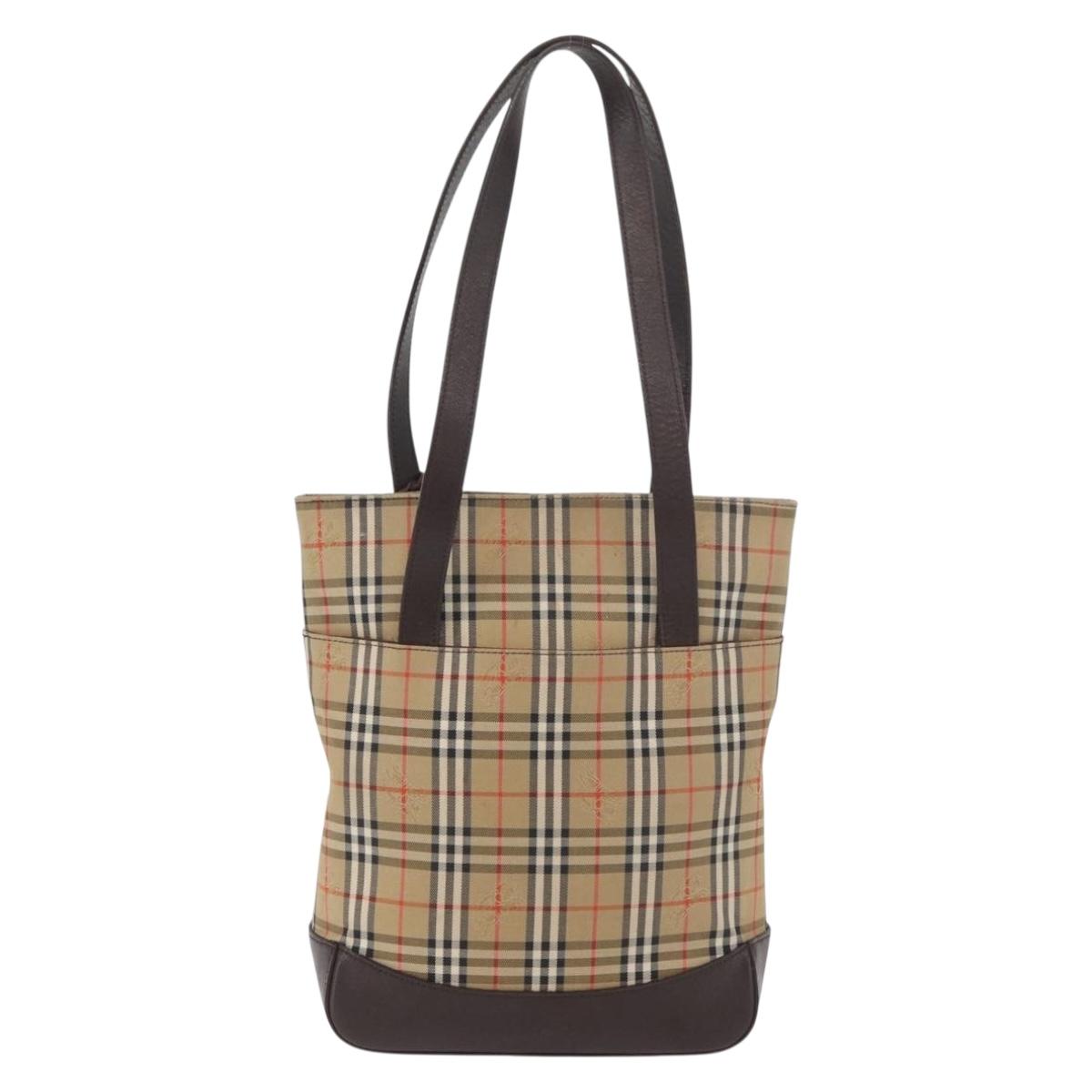 BURBERRY Nova Check Tote Bag Canvas Leather Beige Dark Brown gold Auth 111205