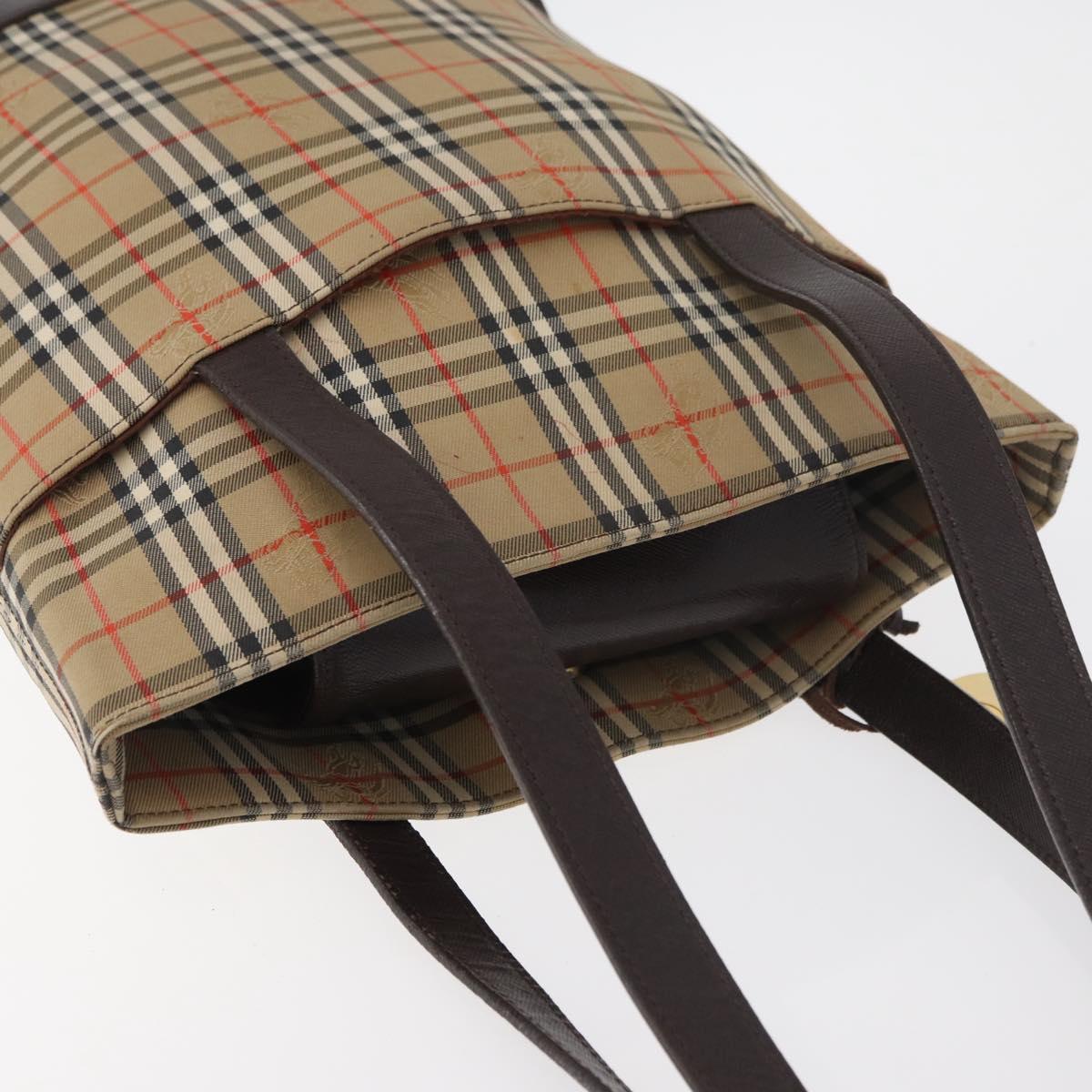 BURBERRY Nova Check Tote Bag Canvas Leather Beige Dark Brown gold Auth 111205