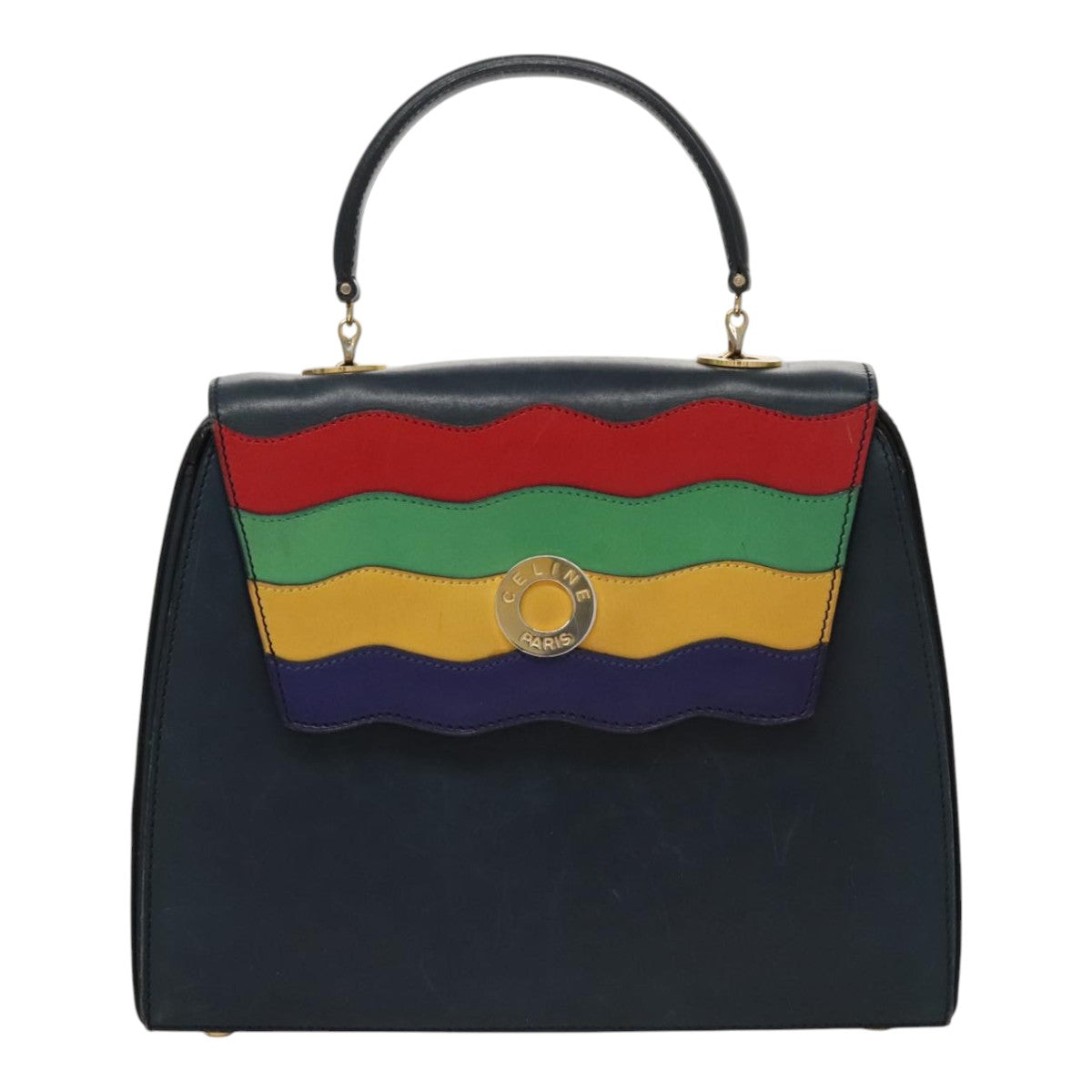 CELINE Hand Bag Leather Navy Red yellow Auth 111305