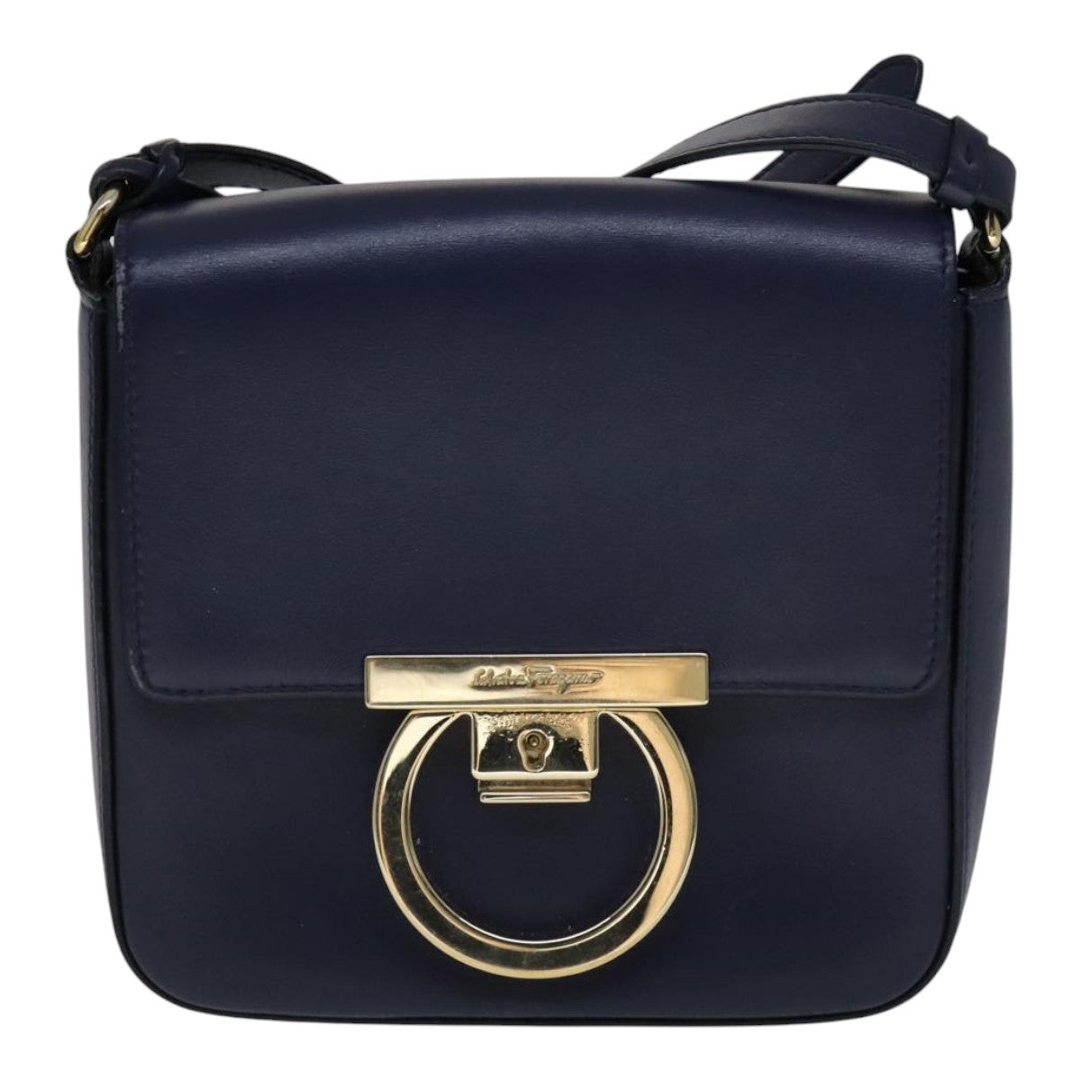 Salvatore Ferragamo Gancini Shoulder Bag Leather Navy Gold Auth 111348V