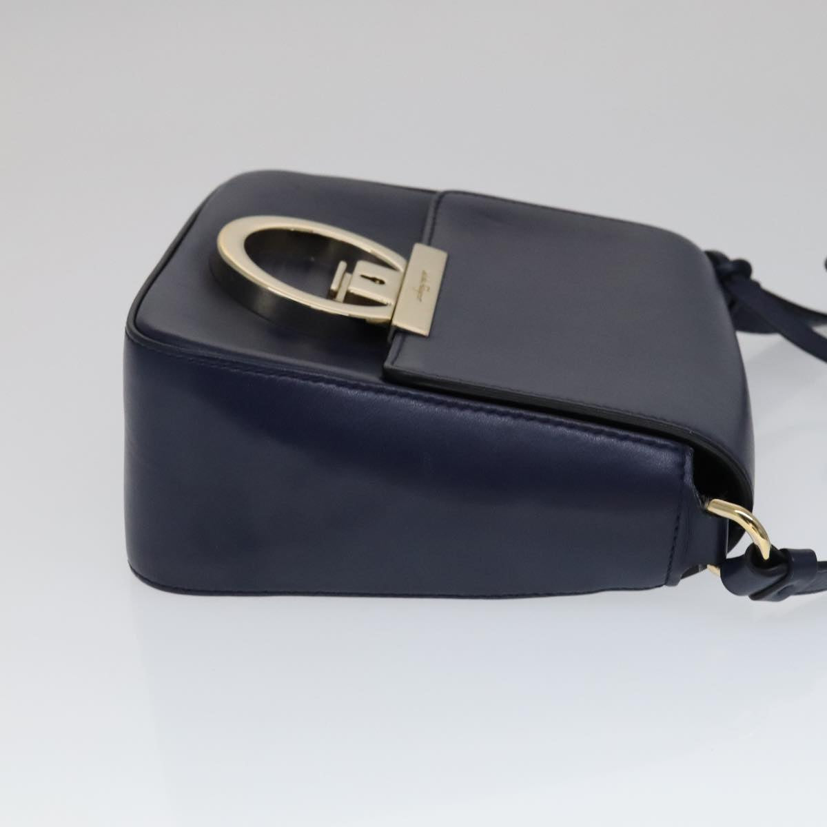 Salvatore Ferragamo Gancini Shoulder Bag Leather Navy Gold Auth 111348V