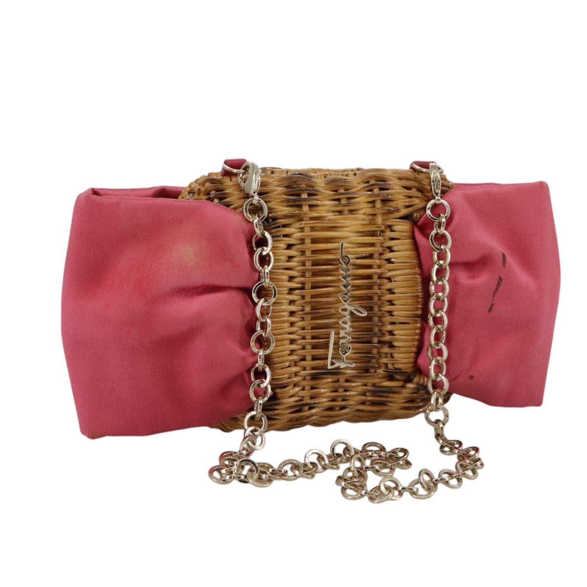 Salvatore Ferragamo Chain Shoulder Bag Satin Wicker Pink Auth 111370