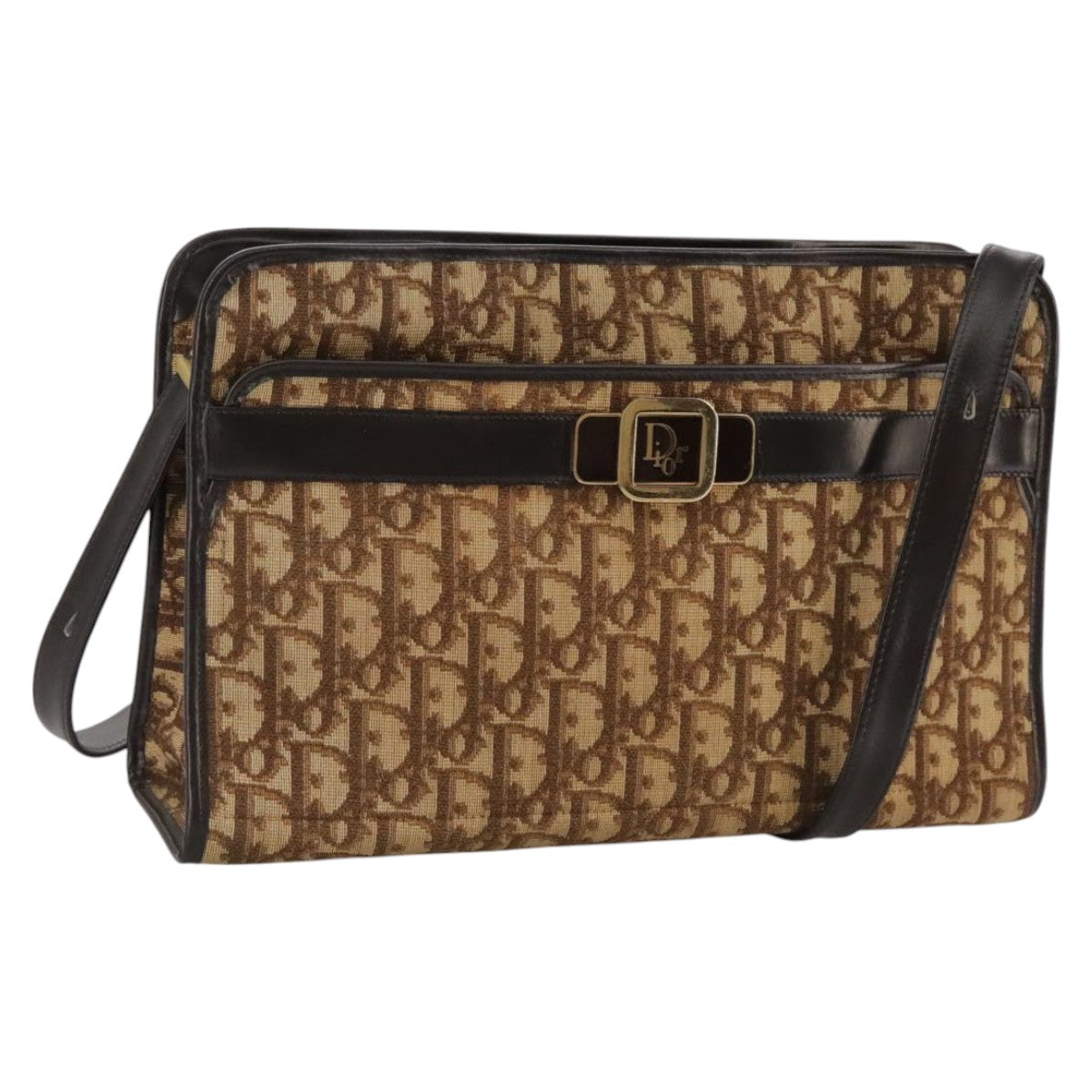 Christian Dior Trotter Canvas Shoulder Bag Gold Brown Auth 111398