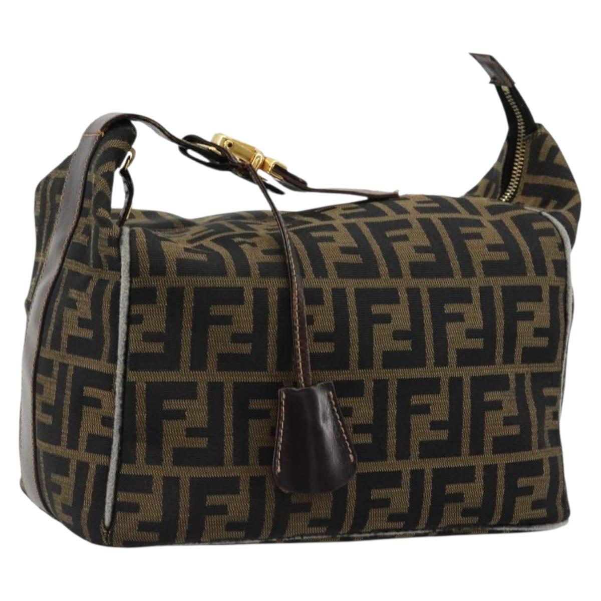 FENDI Zucca Canvas Vanity Pouch Brown Black gold Auth 111462