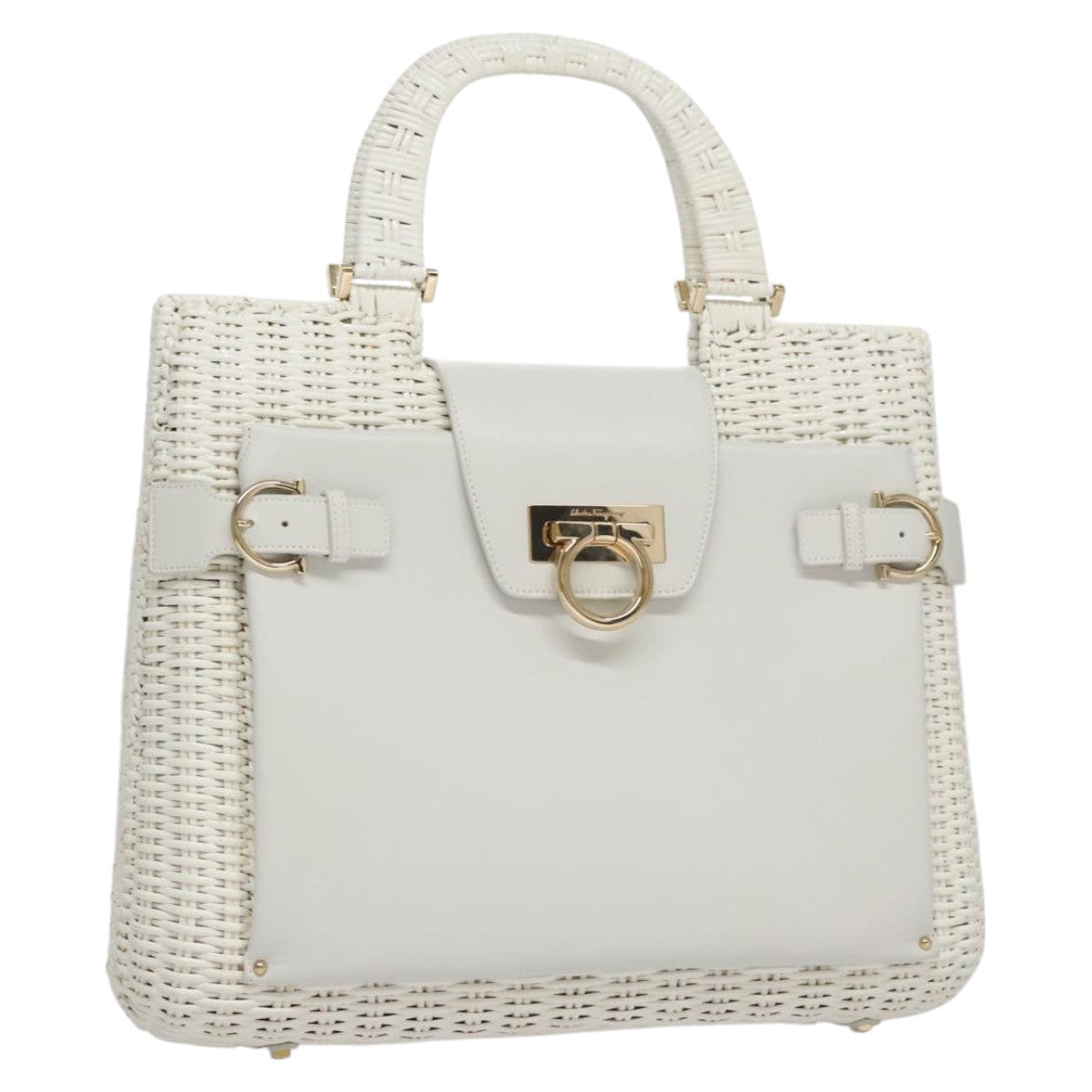 Salvatore Ferragamo Gancini Hand Bag Wicker White Auth 111468