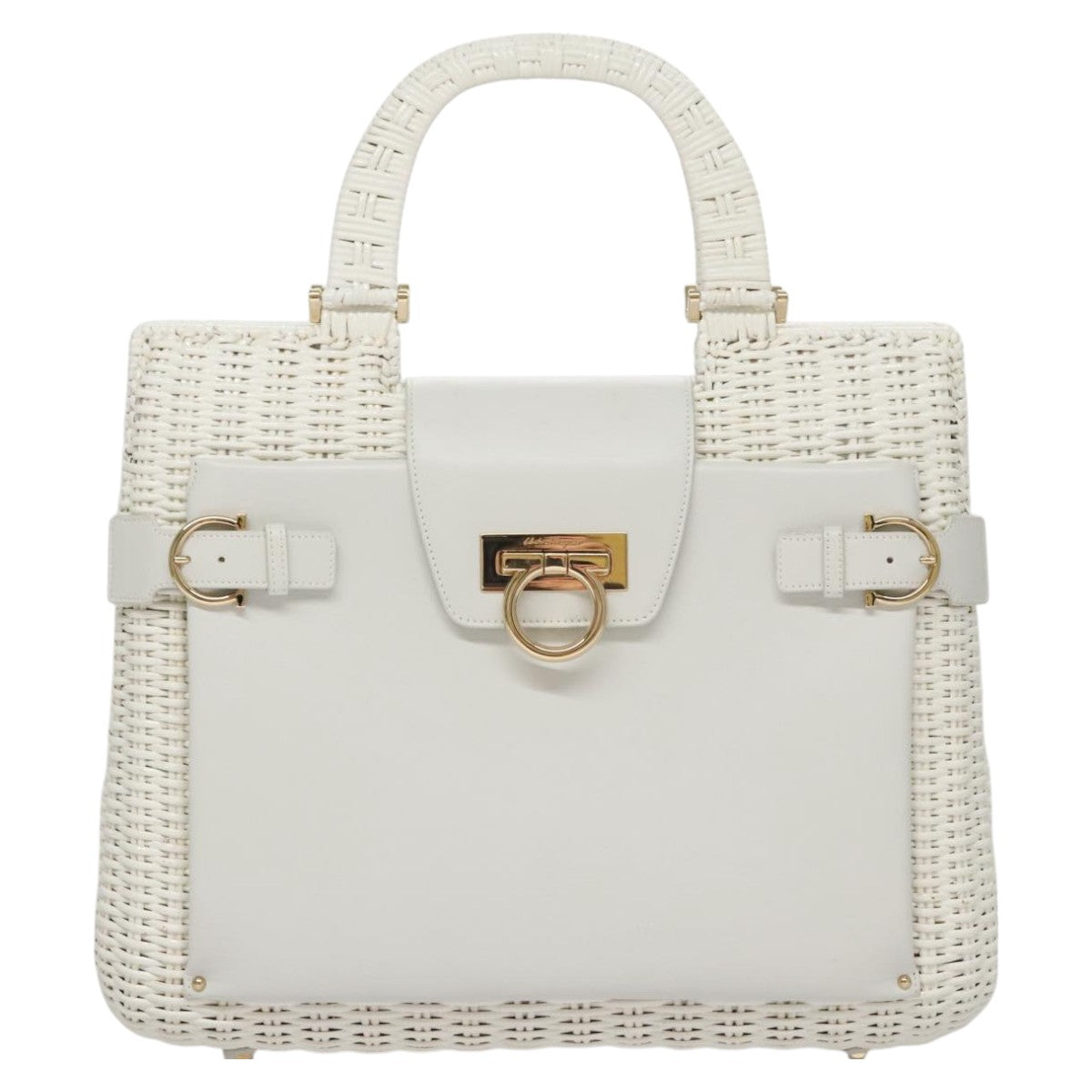 Salvatore Ferragamo Gancini Hand Bag Wicker White Auth 111468