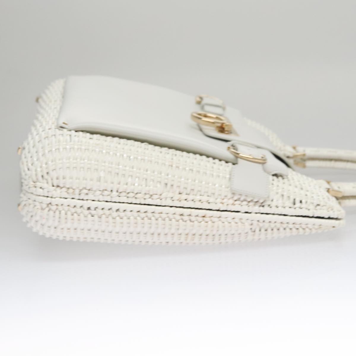 Salvatore Ferragamo Gancini Hand Bag Wicker White Auth 111468