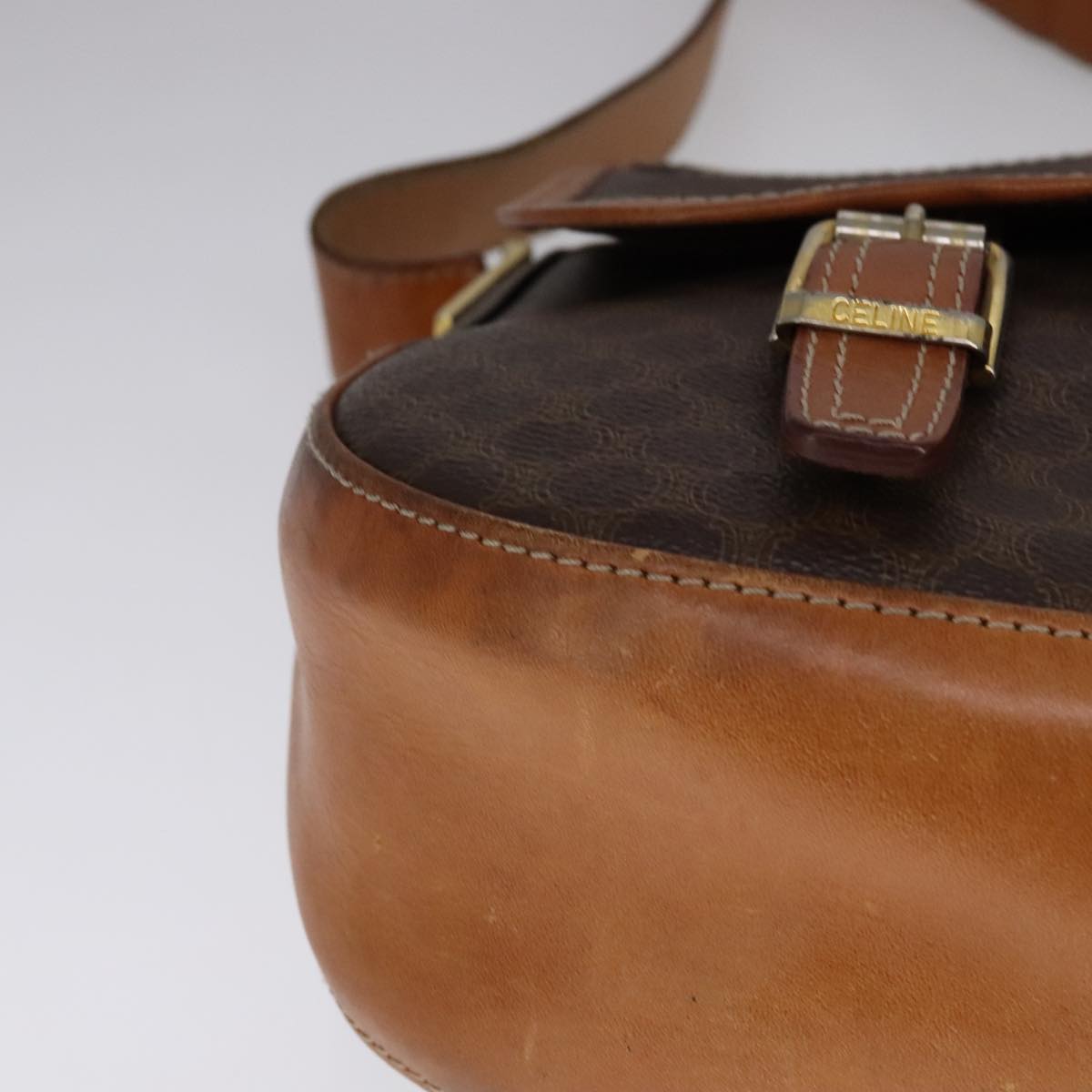 CELINE Macadam Canvas Shoulder Bag PVC Leather Gold Brown Auth 111488