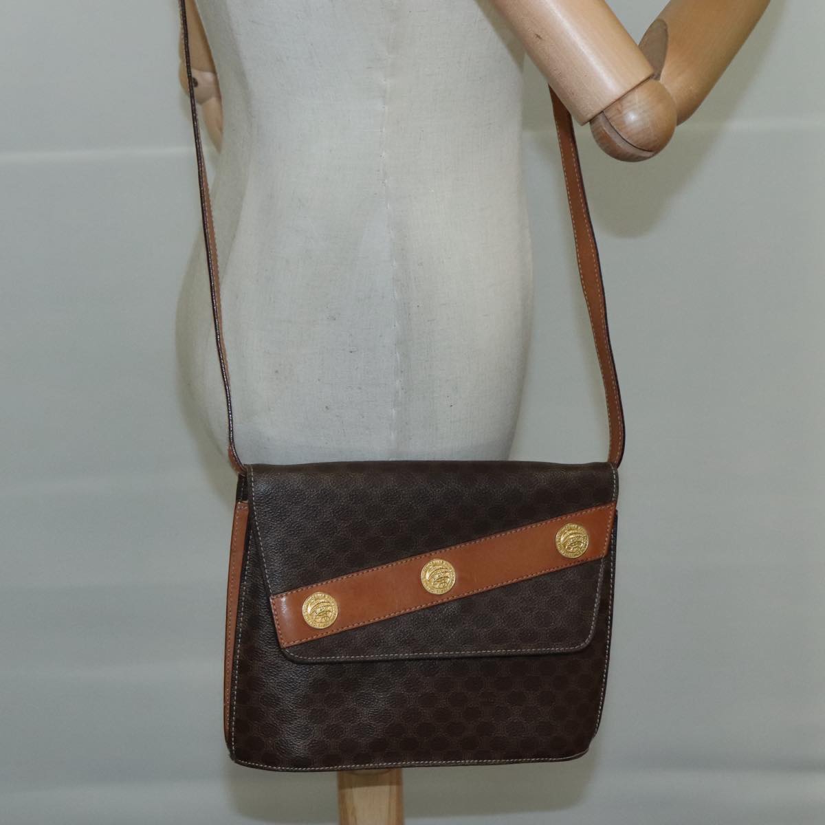 CELINE Macadam Canvas Shoulder Bag PVC Leather Gold Brown Auth 111547