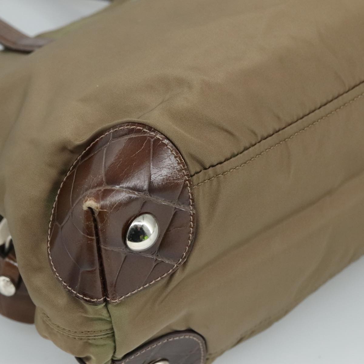 PRADA Tote Bag Nylon Leather Khaki Brown Silver Auth 111593