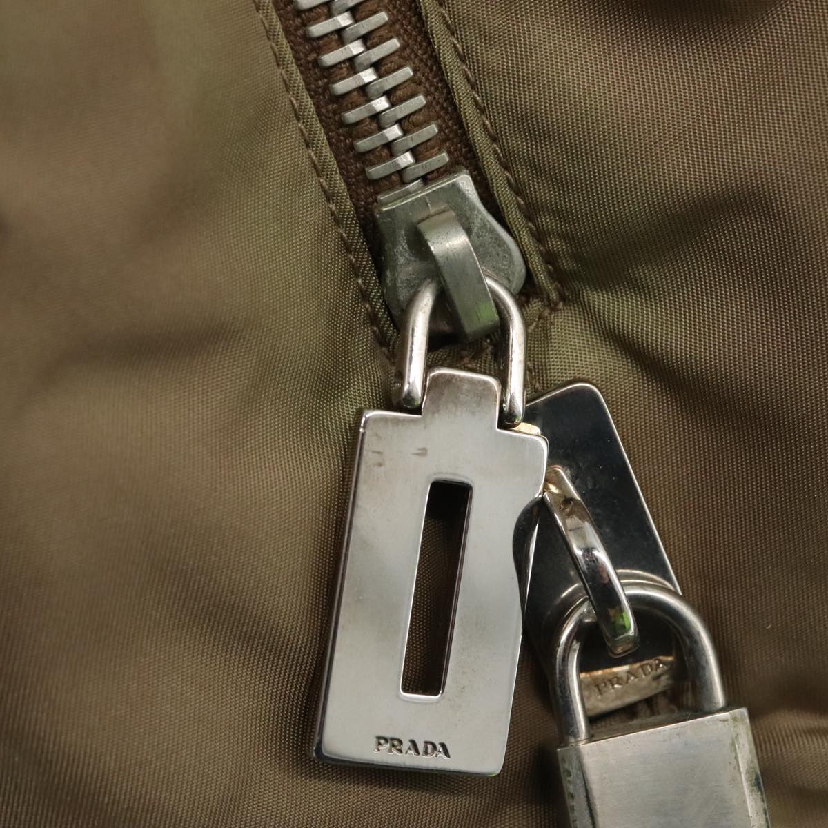 PRADA Tote Bag Nylon Leather Khaki Brown Silver Auth 111593