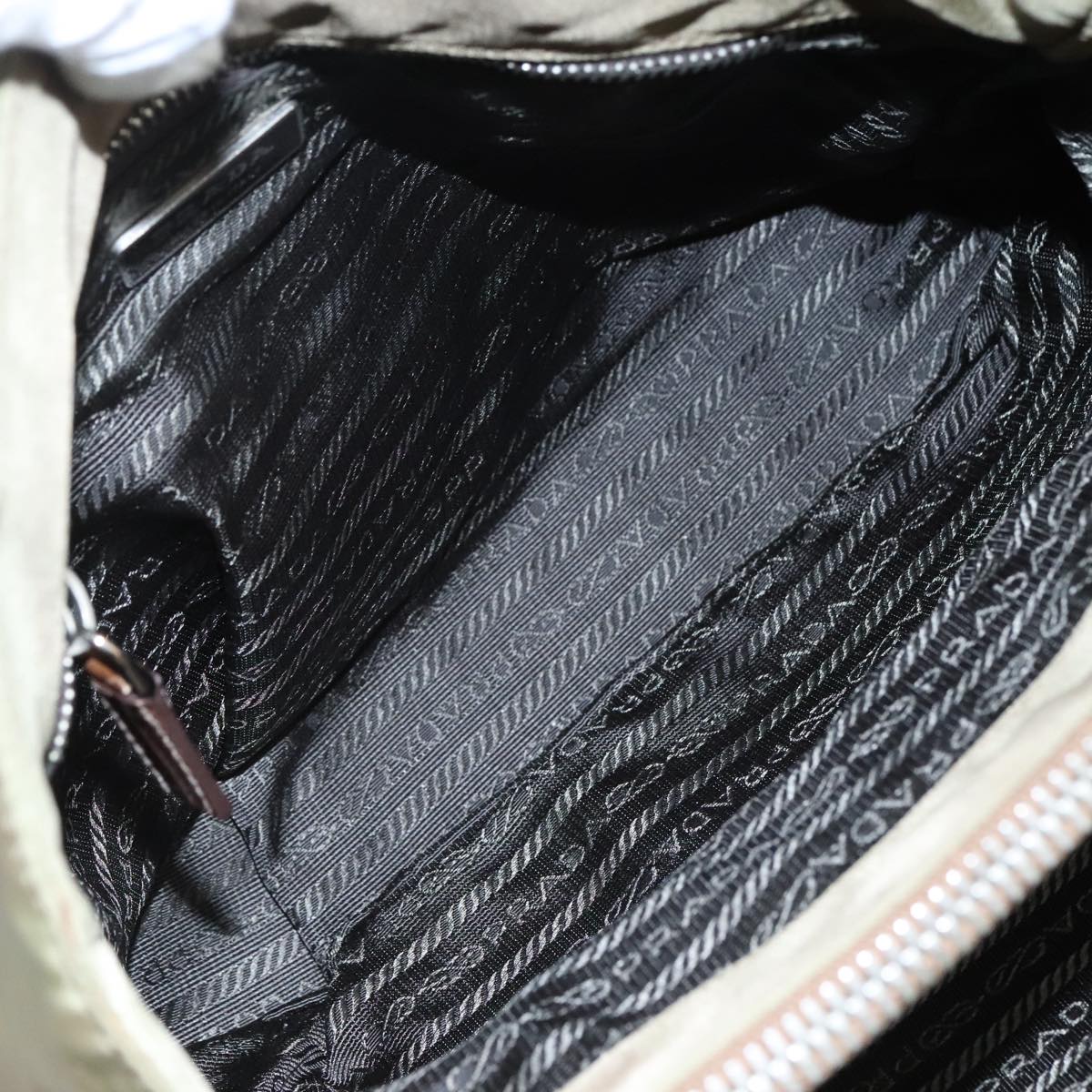 PRADA Tote Bag Nylon Leather Khaki Brown Silver Auth 111593