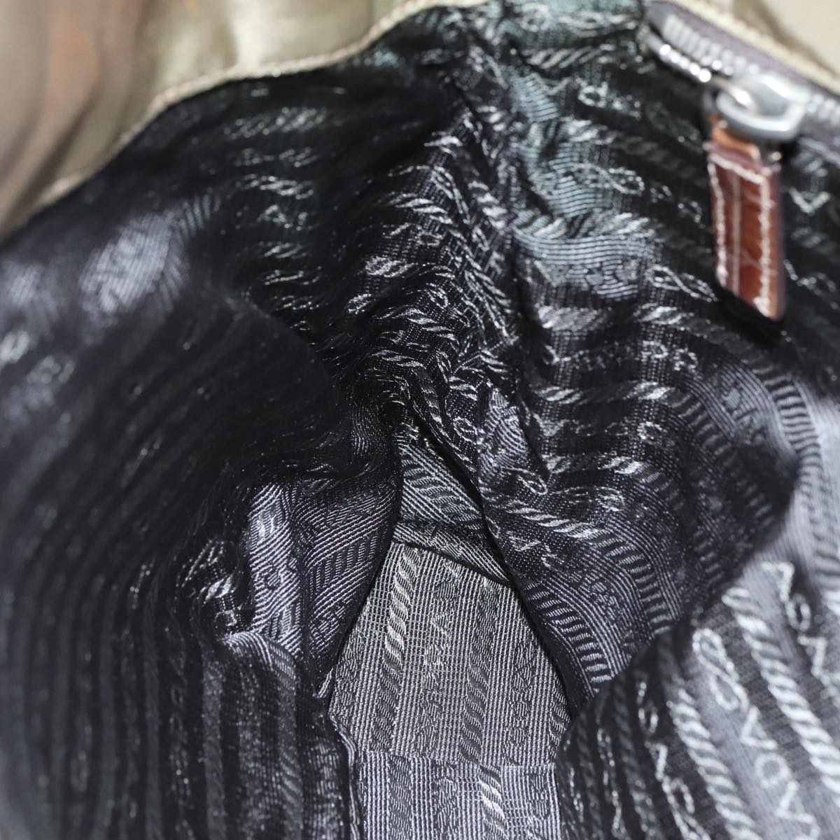 PRADA Tote Bag Nylon Leather Khaki Brown Silver Auth 111593