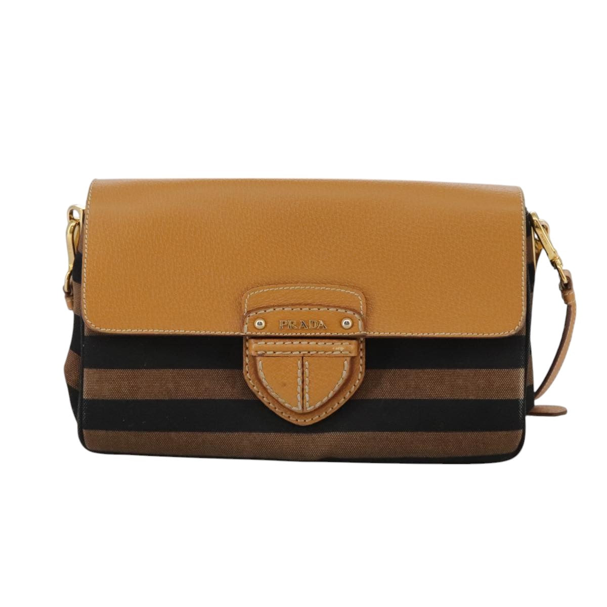 PRADA Shoulder Bag Canvas Brown Gold Auth 111606