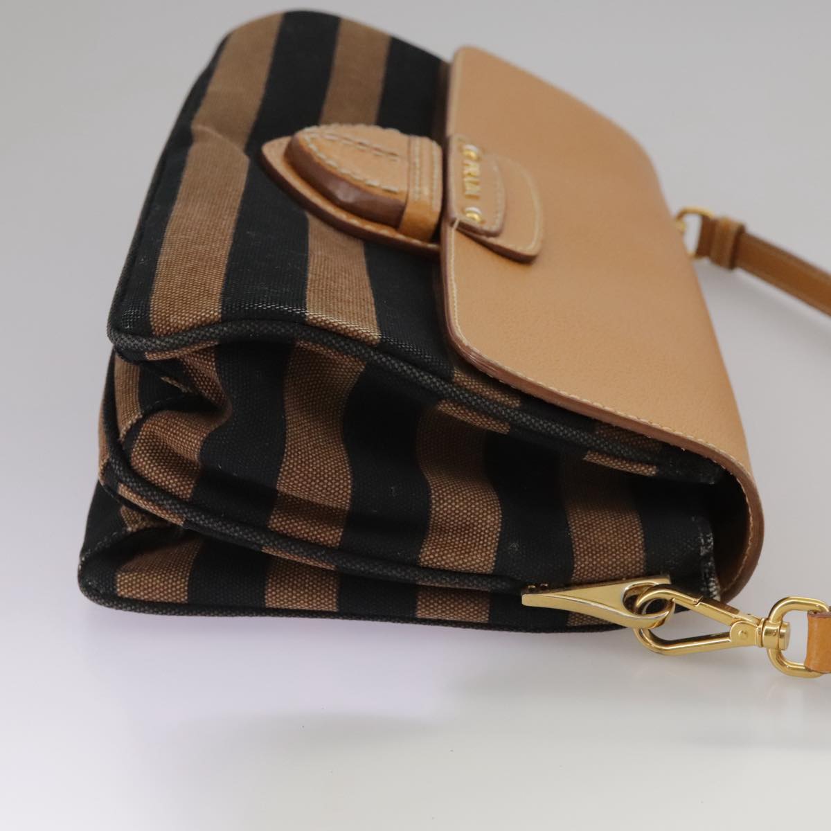 PRADA Shoulder Bag Canvas Brown Gold Auth 111606