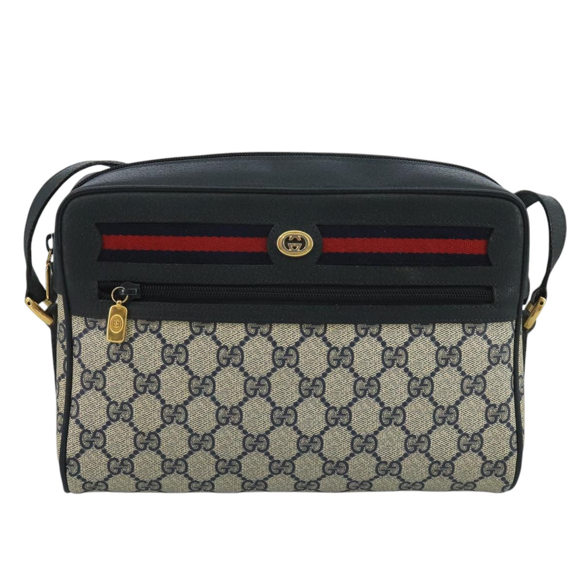GUCCI GG Supreme Sherry Line Bag PVC Navy Gold Red 72 02 088 Auth 111626