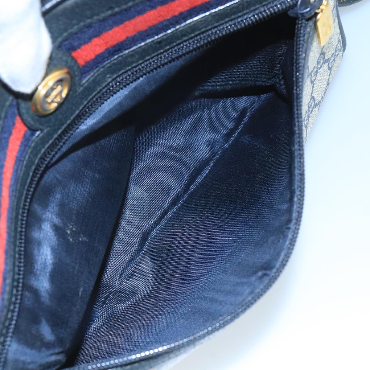 GUCCI GG Supreme Sherry Line Bag PVC Navy Gold Red 72 02 088 Auth 111626