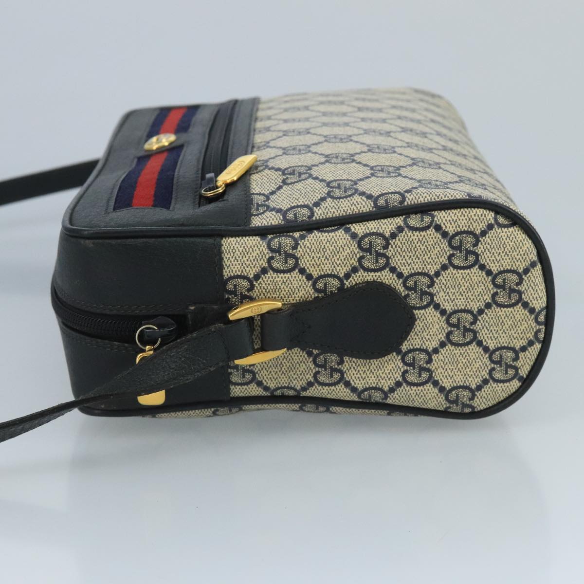 GUCCI GG Supreme Sherry Line Bag PVC Navy Gold Red 72 02 088 Auth 111626