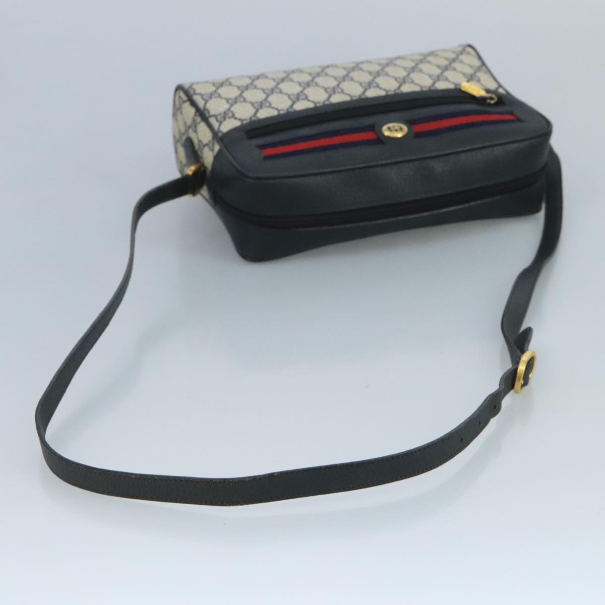 GUCCI GG Supreme Sherry Line Bag PVC Navy Gold Red 72 02 088 Auth 111626