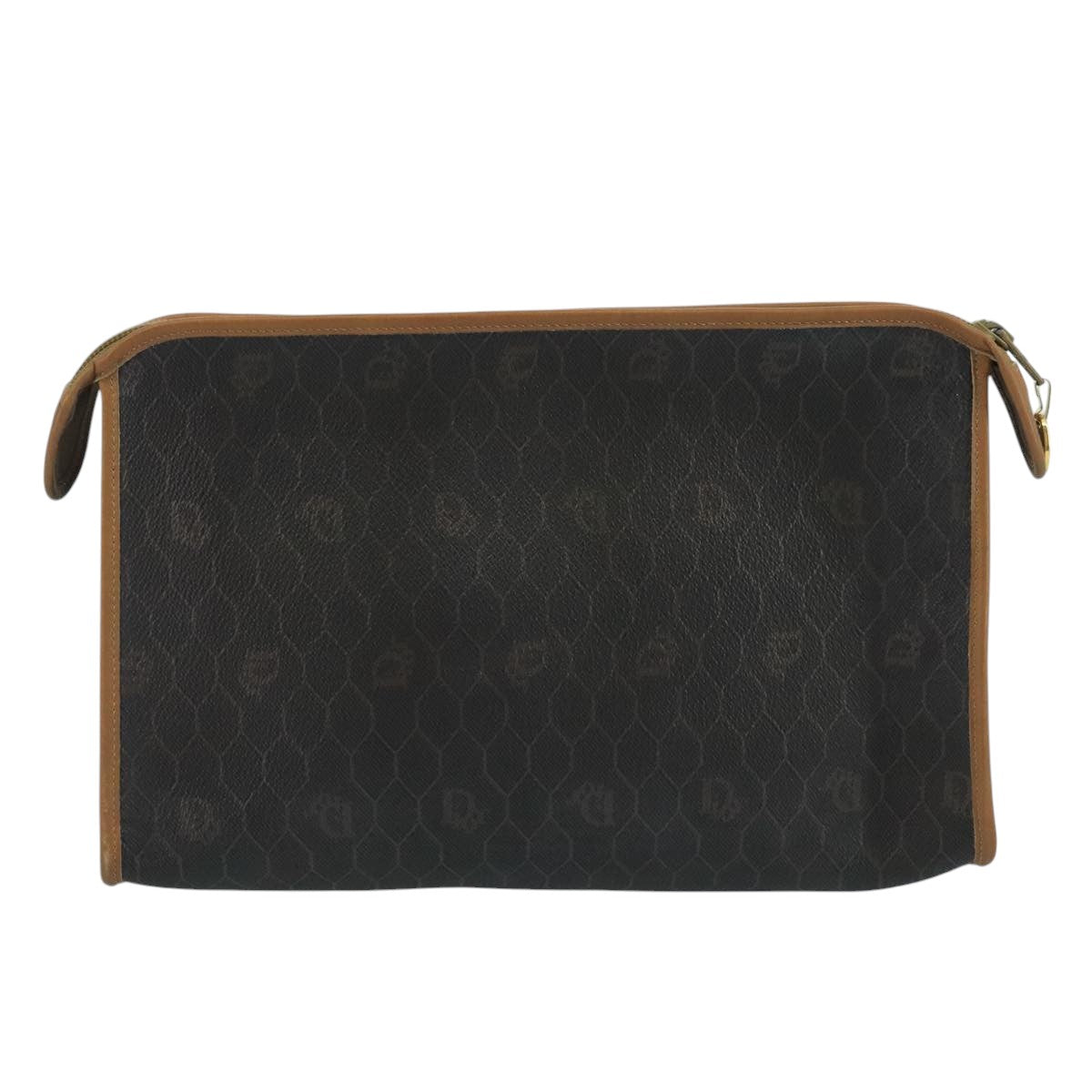 Christian Dior Honeycomb Canvas Clutch Bag PVC Leather Black Gold Auth 111627