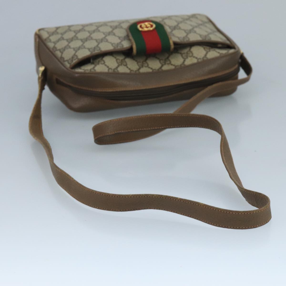GUCCI GG Supreme Web Sherry Line Shoulder Bag PVC Beige Red Green Auth 111654