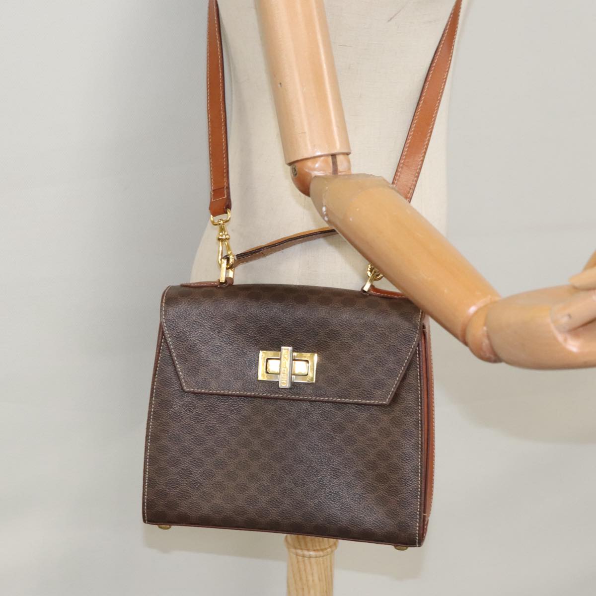 CELINE Macadam Canvas Hand Bag PVC Leather 2way Brown Auth 111670