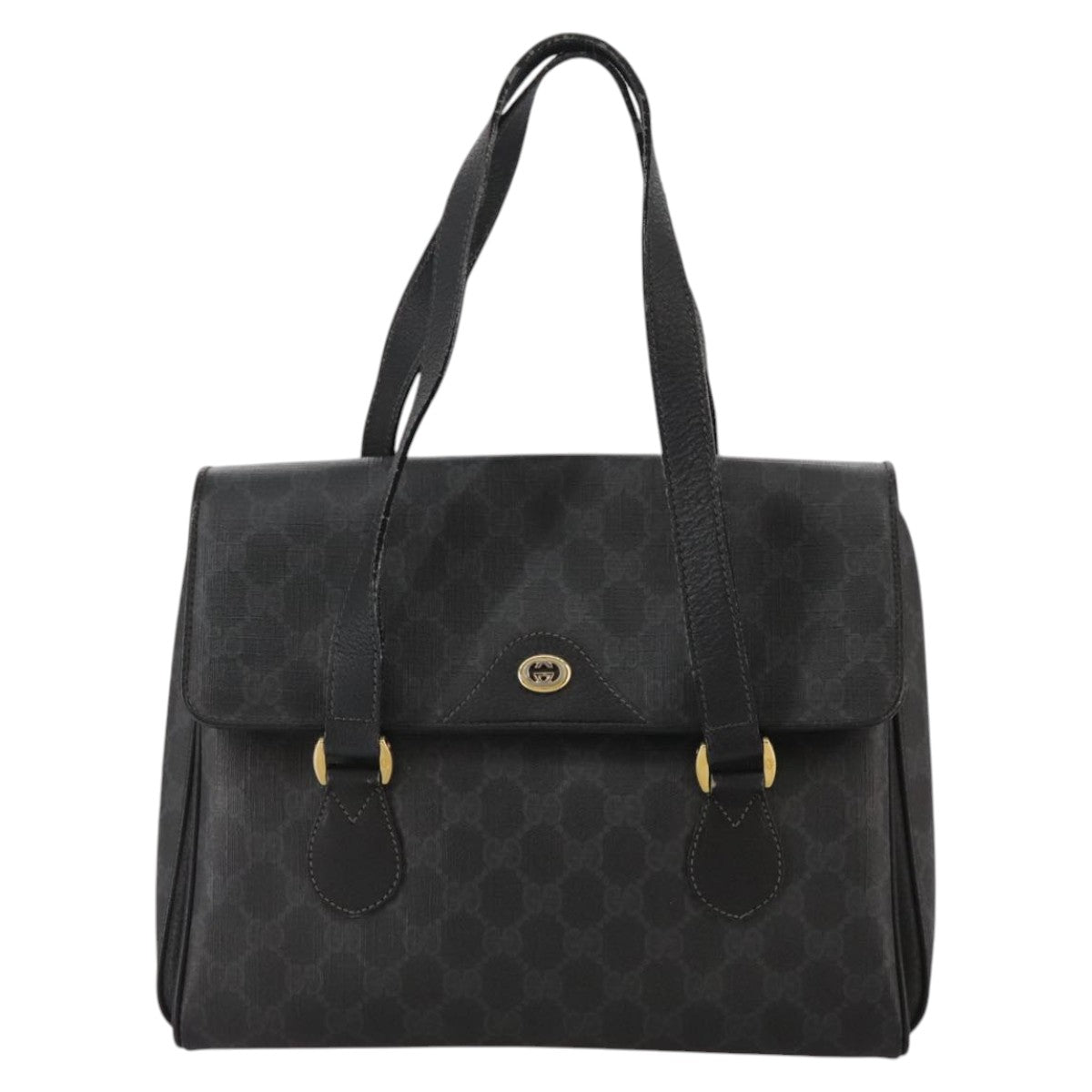 GUCCI GG Supreme Hand Bag PVC Leather Black Gold 116 02 080 Auth 111672