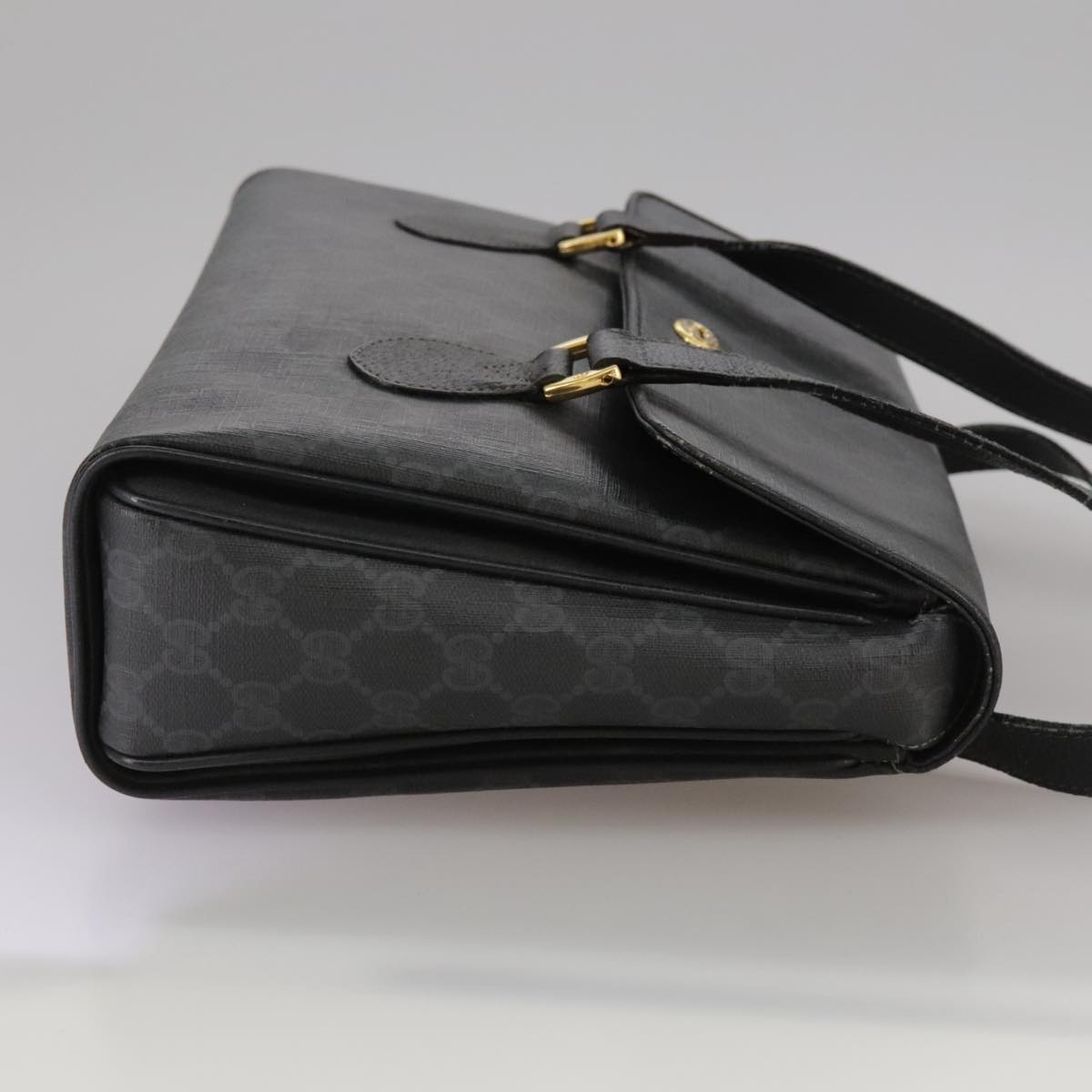 GUCCI GG Supreme Hand Bag PVC Leather Black Gold 116 02 080 Auth 111672