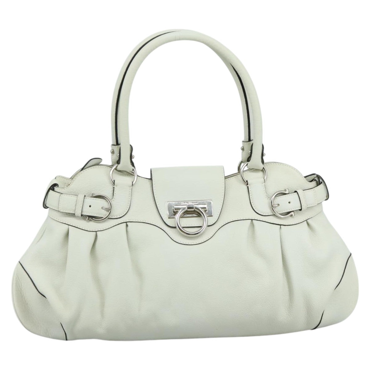 Salvatore Ferragamo Gancini Hand Bag Leather White Silver Auth 111747