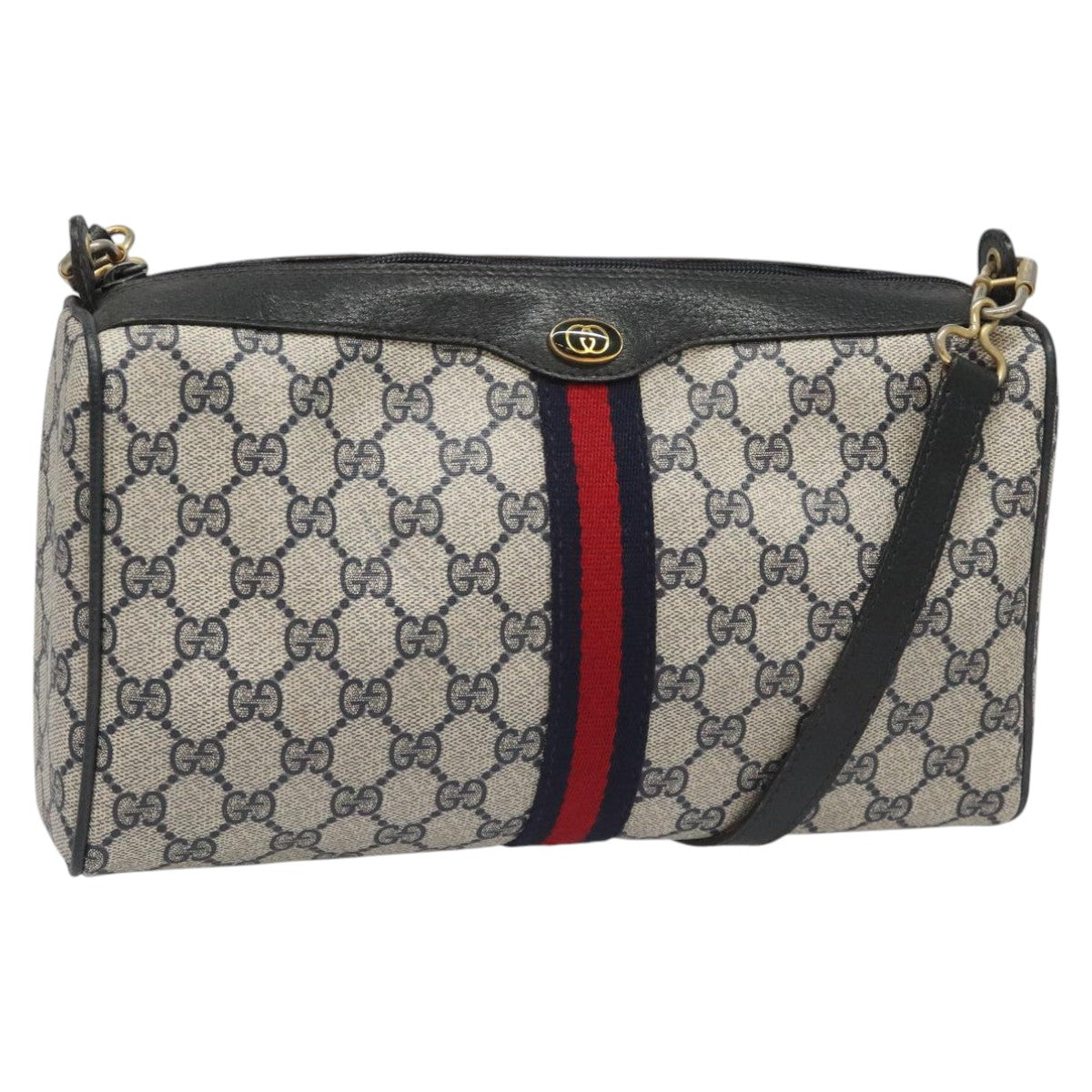 GUCCI GG Supreme Sherry Line Shoulder Bag PVC Navy Gold 378 004 4464 Auth 111855