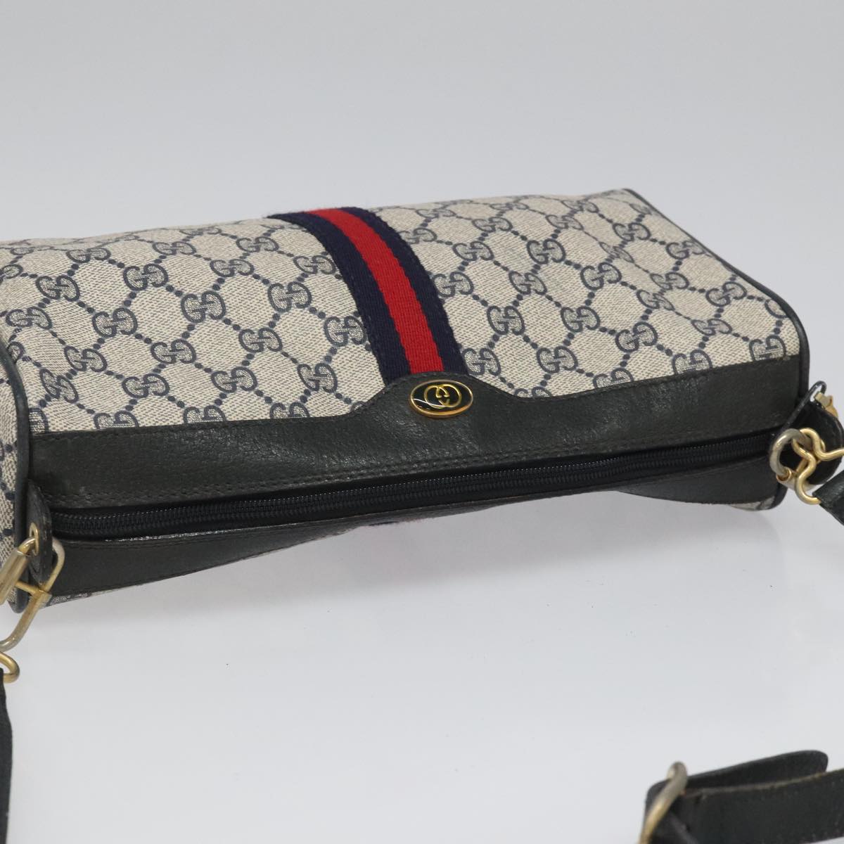 GUCCI GG Supreme Sherry Line Shoulder Bag PVC Navy Gold 378 004 4464 Auth 111855