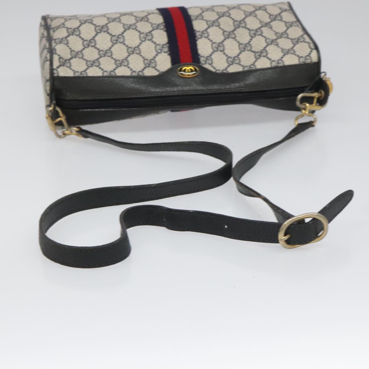 GUCCI GG Supreme Sherry Line Shoulder Bag PVC Navy Gold 378 004 4464 Auth 111855