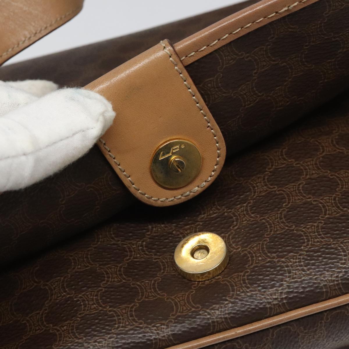 CELINE Macadam Canvas Shoulder Bag PVC Leather Brown Gold Auth 111880