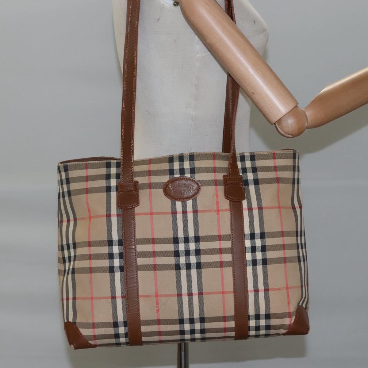 Burberrys Nova Check Tote Bag Canvas Leather Beige Auth 112051