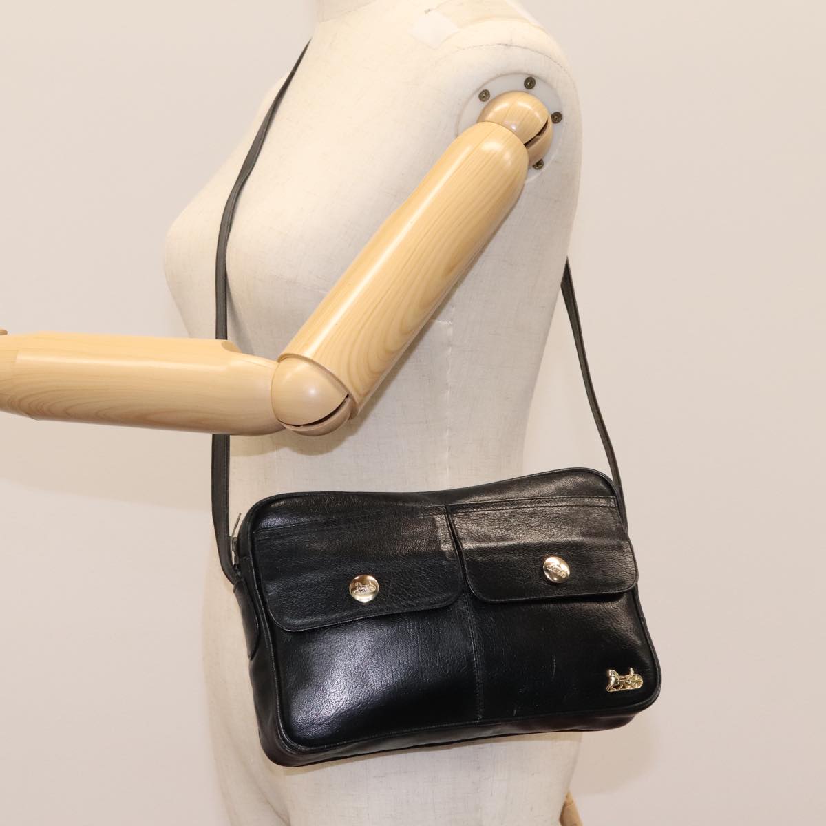 CELINE Shoulder Bag Leather Black Auth 112075