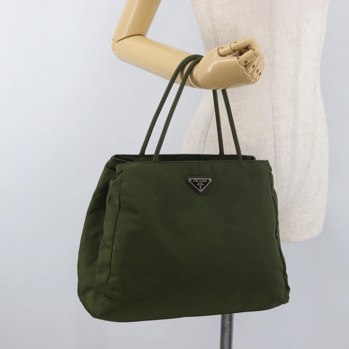 PRADA Hand Bag Nylon Khaki Silver Auth 112195