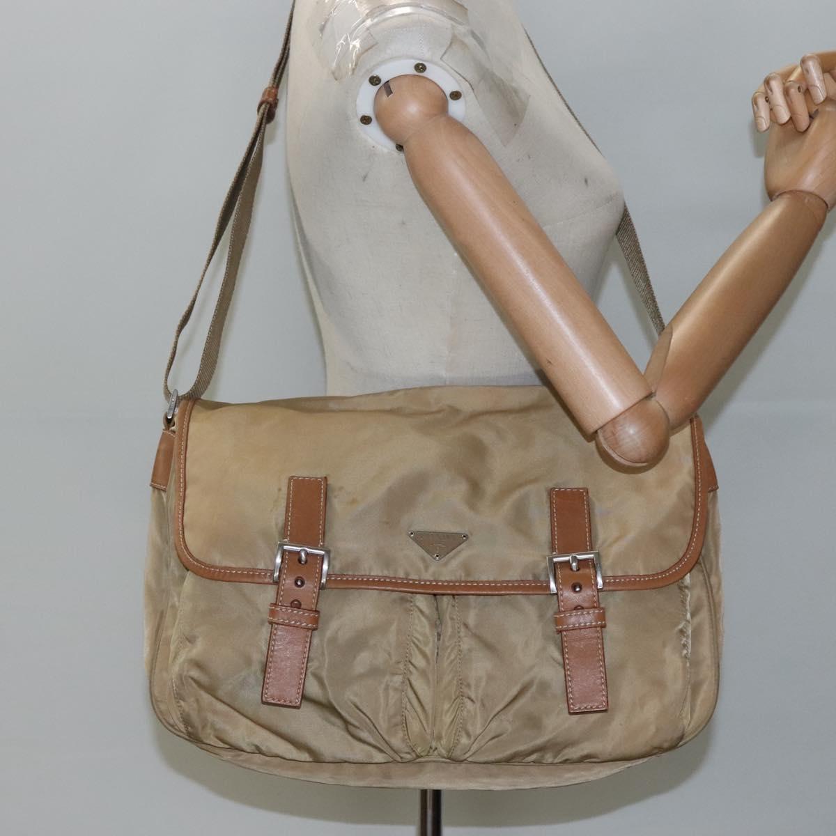 PRADA Shoulder Bag Nylon Beige Brown Silver Auth 112279