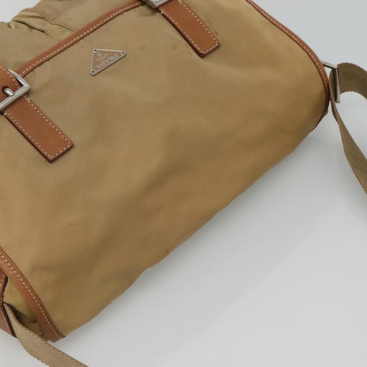 PRADA Shoulder Bag Nylon Beige Brown Silver Auth 112279