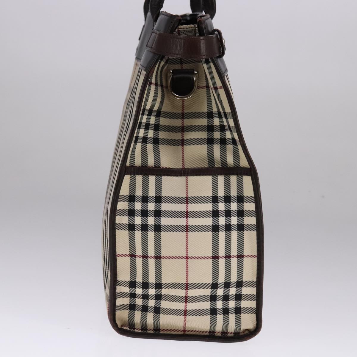 BURBERRY Nova Check Hand Bag Canvas Leather Beige Brown Silver Auth 112330