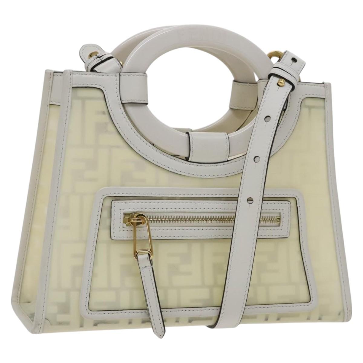 FENDI Zucca Canvas Hand Bag Vinyl Leather 2way Cream White gold Auth 112339